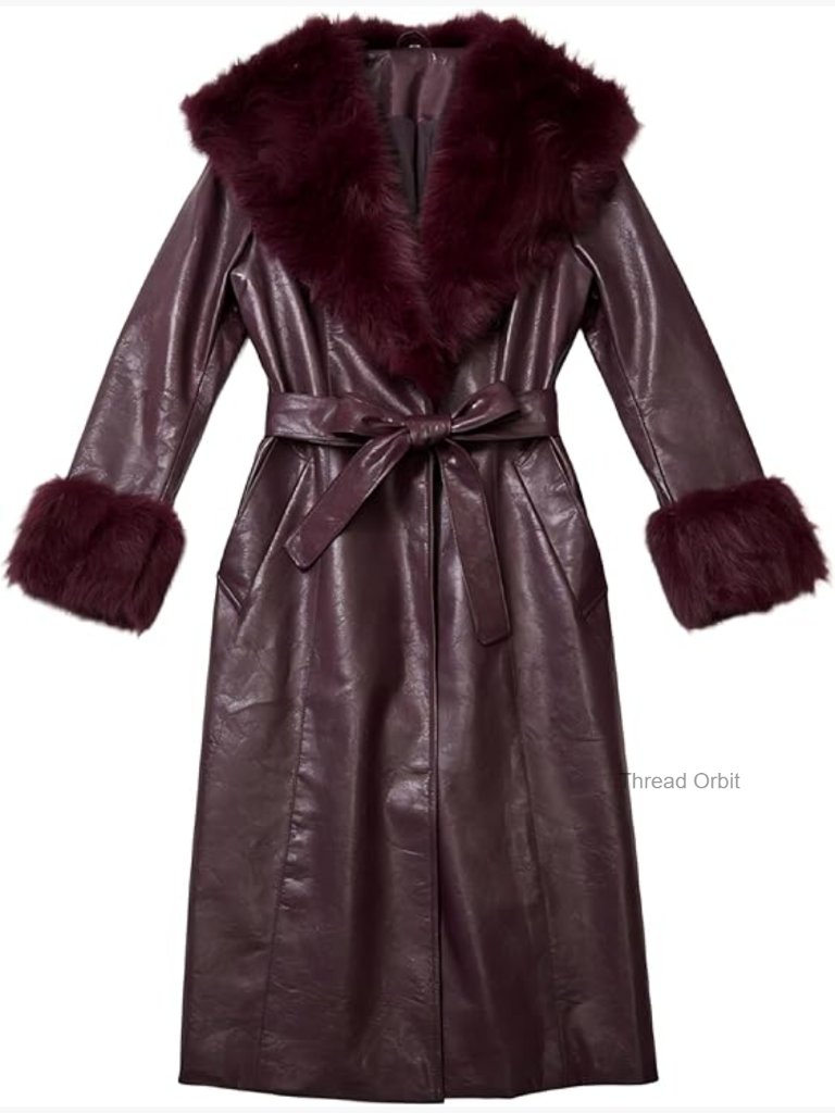 Faux Leather Coat With Faux Fur Collar, Long Sleeve Winter Coat With Belt